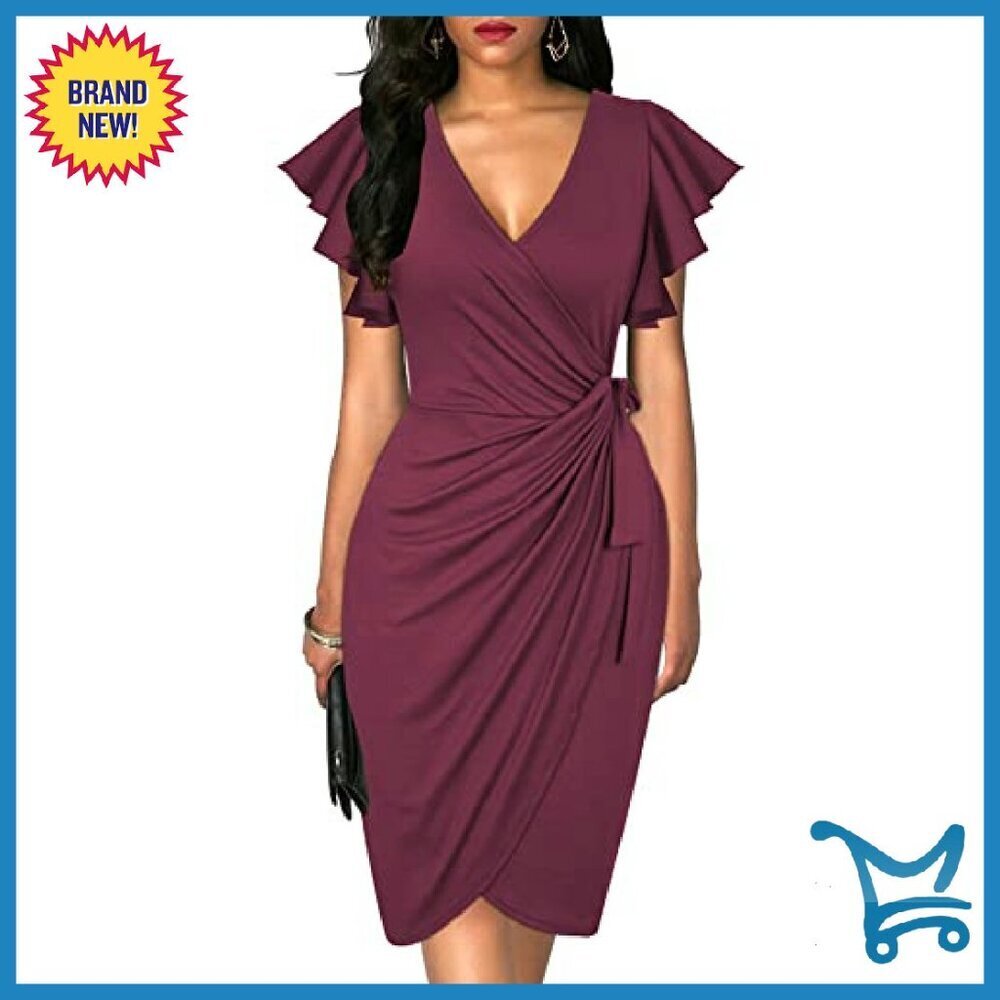 Faux Wrap Dress Deep V Neck Ruffle Sleeve Sheath Cocktail Party Work - Picture 3 of 5